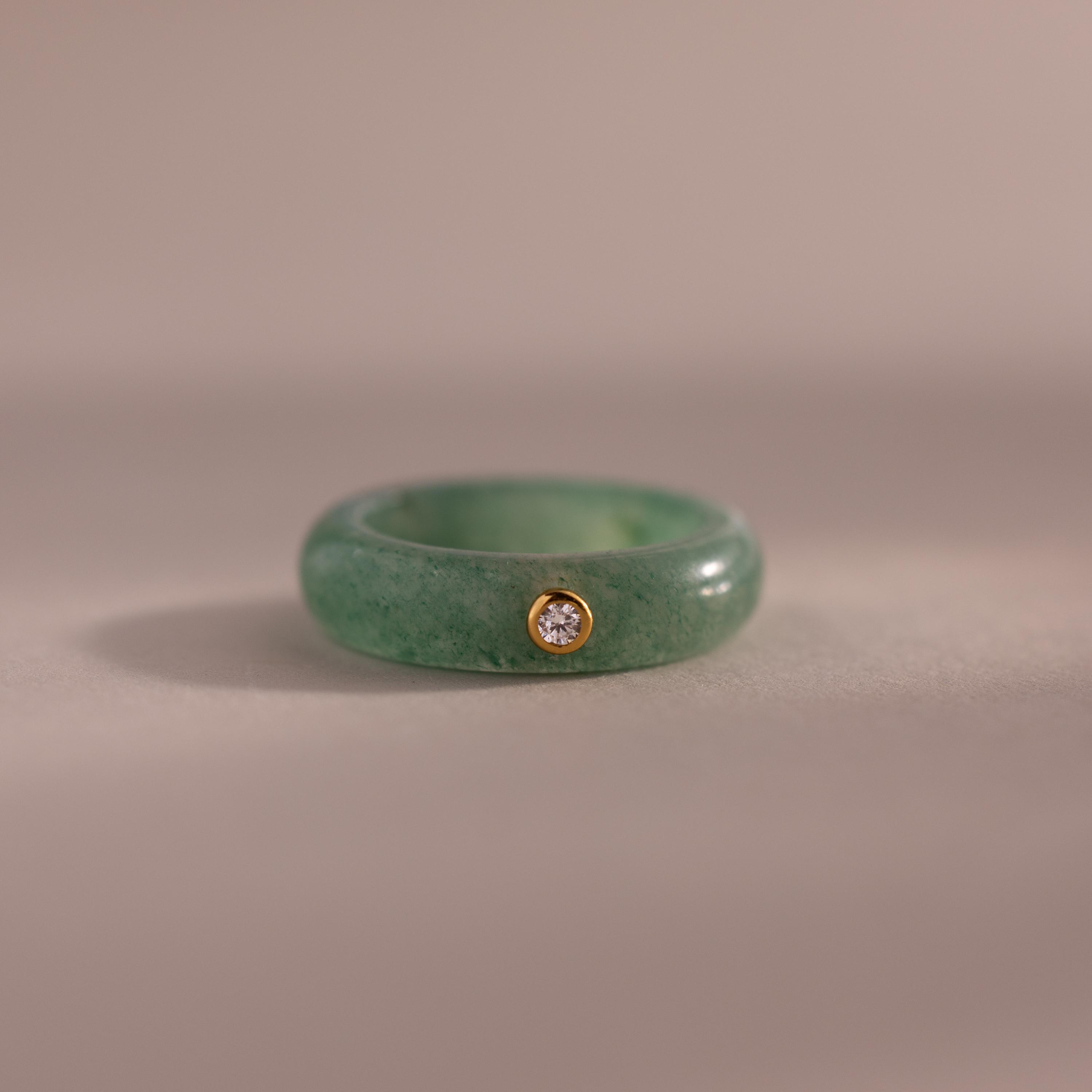 Gold Ribbed Band Green Stone Ring